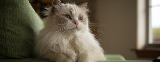 White Ragamuffin cat lying on chair